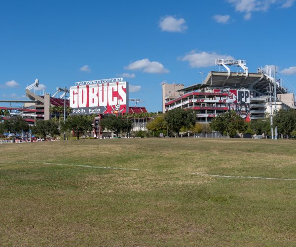 Tampa, Florida, USA - January 8, 2022: Exterior view of Raymond James Stadium in Tampa, Florida, USA. Raymond James Stadium is a multi-purpose stadium in Tampa.